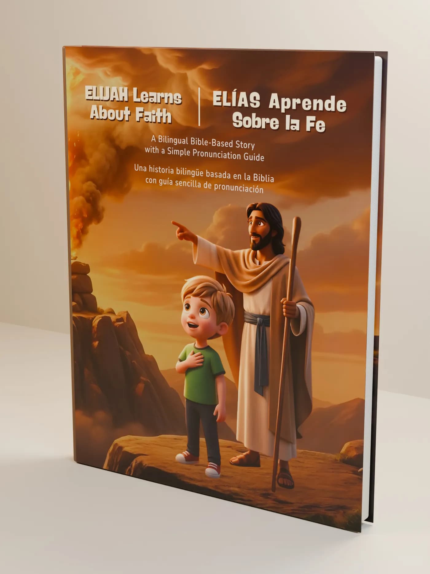 Portada de Elías Aprende Sobre la Fe — un niño moderno junto a una figura bíblica con túnica y bastón.