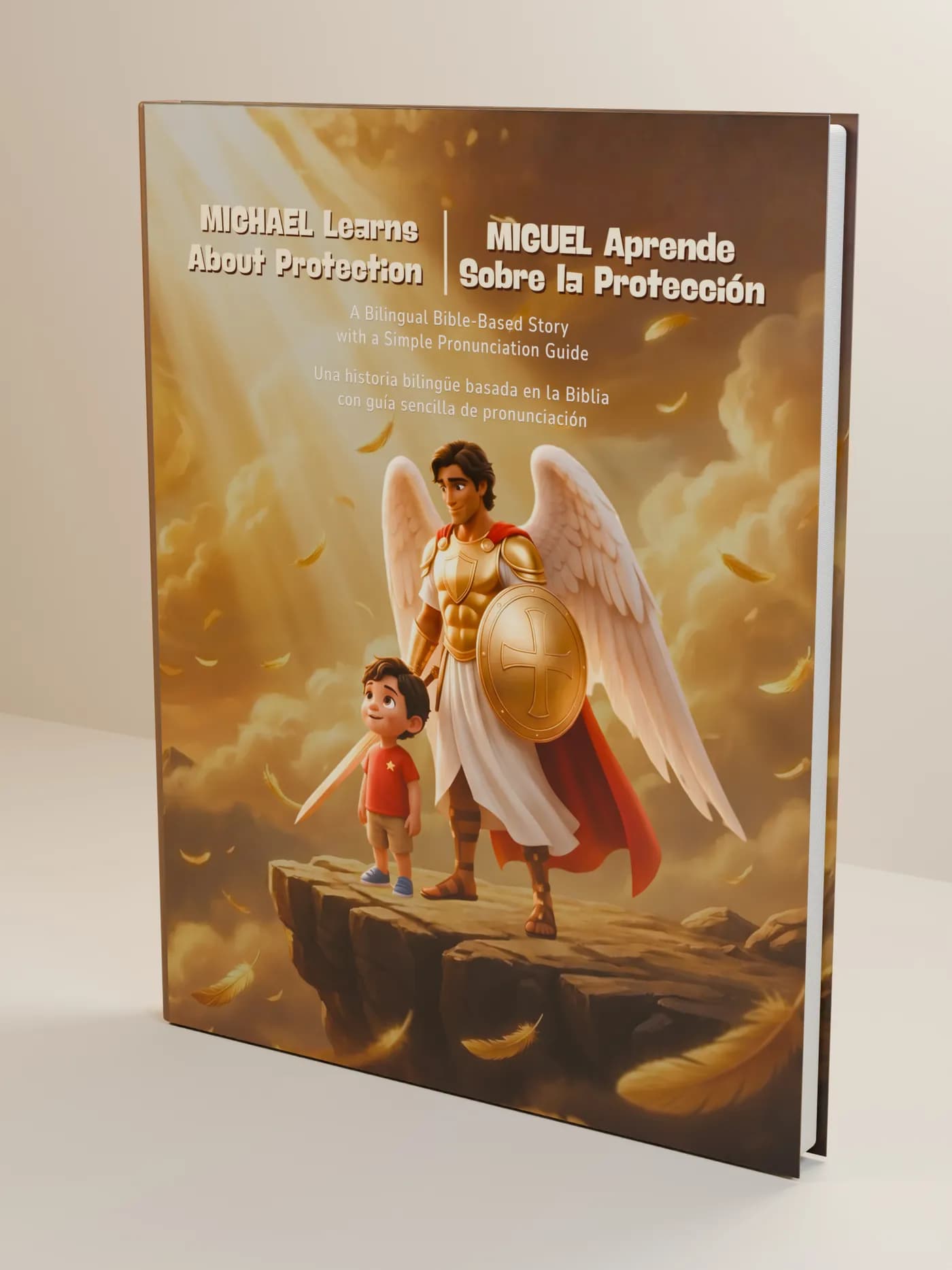 Portada de Miguel Aprende Sobre la Protección — un niño moderno junto al arcángel Miguel con armadura dorada y alas.